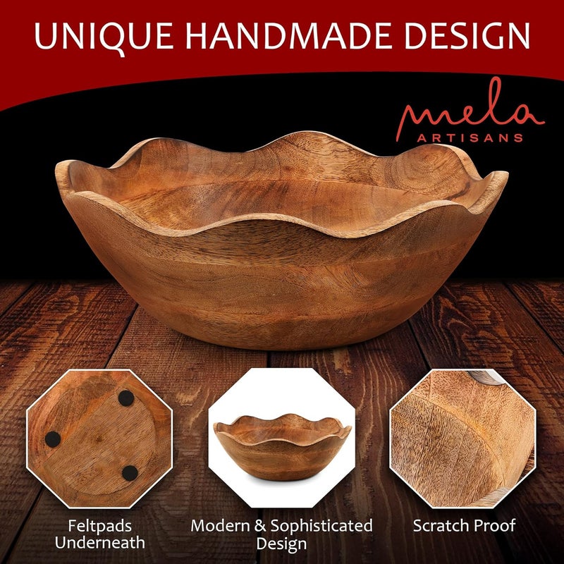 Mela Artisans Scalloped Decorative Wooden Bowl | 12 Inch Mango Wood Fruit & Serving Bowl | Natural Grain Finish | For Kitchen Counter | Snacks | Desserts | Bread | Handcrafted Home Decor - Image 3